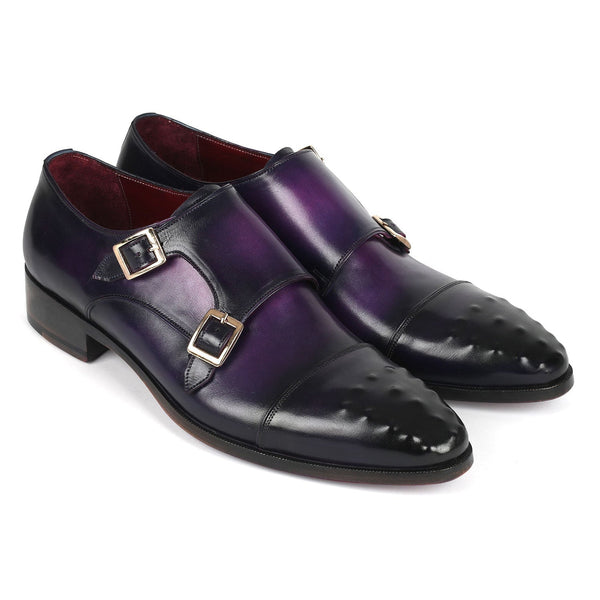 Paul Parkman 047-PRP Men's Shoes Purple Calf-Skin Leather Studded Cap Toe Monkstraps Loafers (PM6378)-AmbrogioShoes