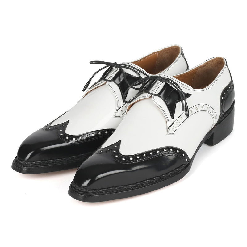 Paul Parkman 8505-BNW Men's Shoes Black & White Calf-Skin Leather Norwegian Welted Dress Wingtip Oxfords (PM6380)-AmbrogioShoes