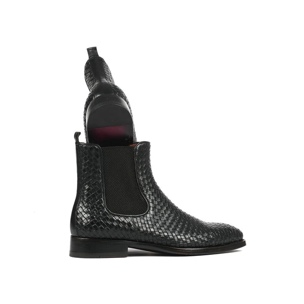 Paul Parkman 92WN87-BLK Men's Shoes Black Woven Leather Chelsea Boots (PM6346)-AmbrogioShoes