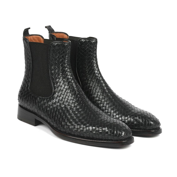 Paul Parkman 92WN87-BLK Men's Shoes Black Woven Leather Chelsea Boots (PM6346)-AmbrogioShoes