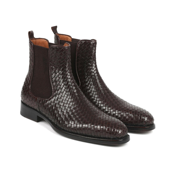 Paul Parkman 92WN87-BRW Men's Shoes Brown Woven Leather Chelsea Boots (PM6347)-AmbrogioShoes