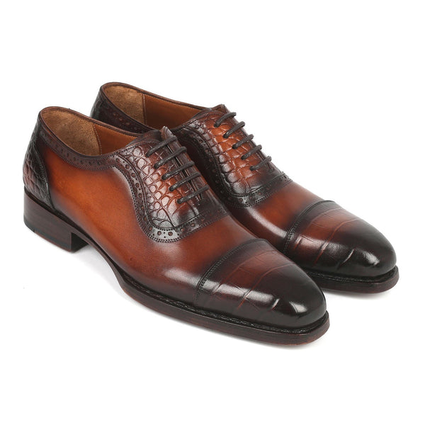 Paul Parkman 9482-BRW Men's Shoes Brown Crocodile Print / Calf-Skin Leather Dress Cap-Toe Oxfords (PM6331)-AmbrogioShoes