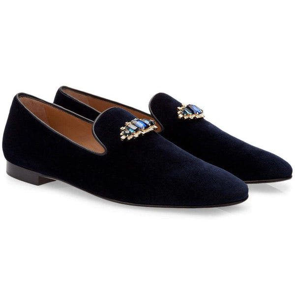 Super Glamourous Joel Men's Shoes Navy Velour Velvet Slipper Loafers (SPGM1040)-AmbrogioShoes