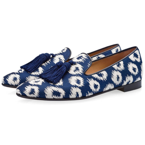 Super Glamourous Louis Rivareno Men's Shoes Navy & Cream Jacquard Canvas Tassels Loafers (SPGM1003)-AmbrogioShoes