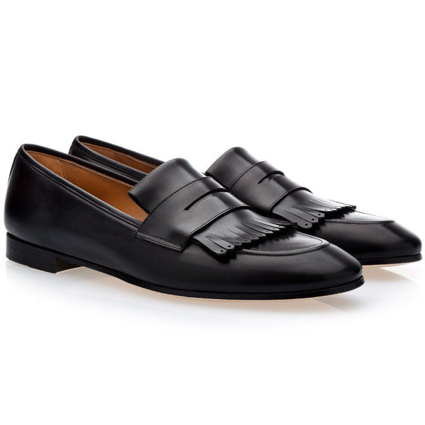 SUPERGLAMOUROUS Men's Shoes Black Cesar Nappa Calf-Skin Leather Fringed Loafers (SPGM1165)-AmbrogioShoes