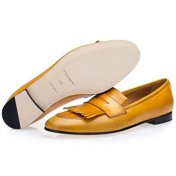 SUPERGLAMOUROUS Men's Shoes Mustard Cesar Nappa Calf-Skin Leather Fringed Loafers (SPGM1167)-AmbrogioShoes