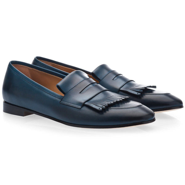 SUPERGLAMOUROUS Men's Shoes Navy Cesar Nappa Calf-Skin Leather Fringed Loafers (SPGM1168)-AmbrogioShoes