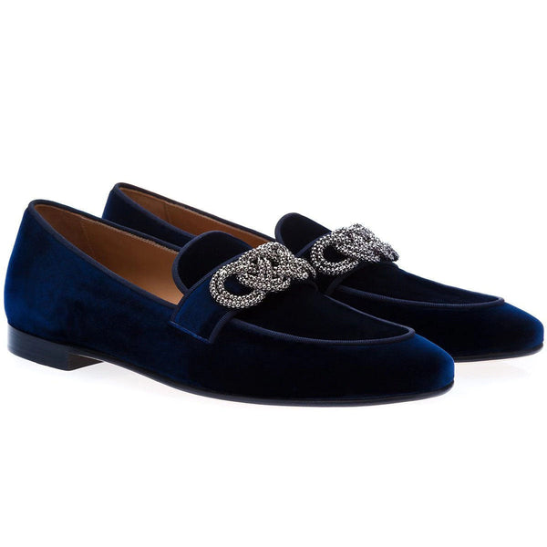 Super Glamourous Morosino Men's Shoes Navy Velour Velvet Slipper Loafers (SPGM1032)-AmbrogioShoes