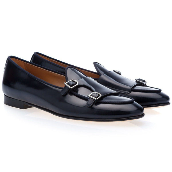 SUPERGLAMOUROUS Tangerine 7 Brushed Men's Shoes Navy Polished Leather Belgian Loafers (SPGM1156)-AmbrogioShoes