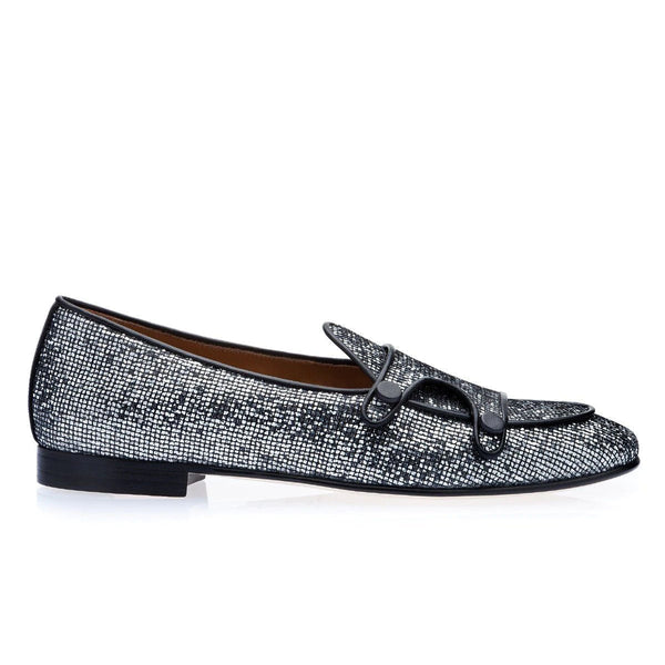 Super Glamourous Tangerine 7 Men's Shoes Silver Glitter Canvas Monk-Straps Belgian Loafers (SPGM1021)-AmbrogioShoes