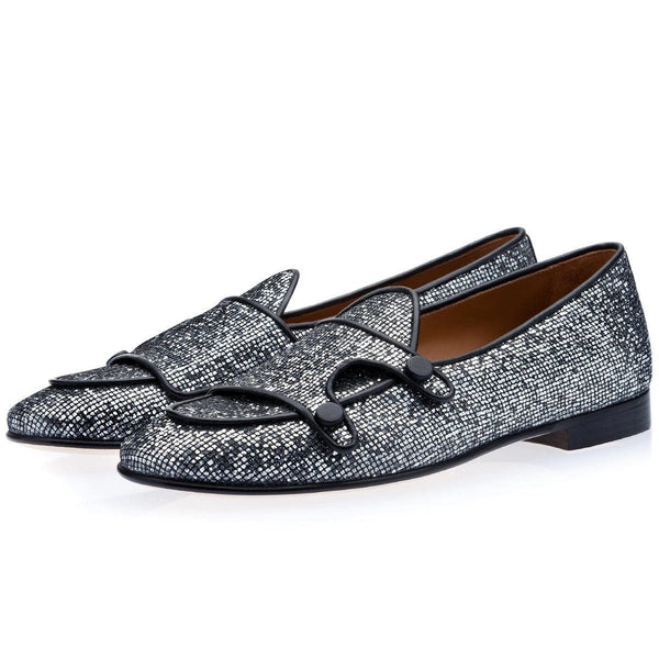 Super Glamourous Tangerine 7 Men's Shoes Silver Glitter Canvas Monk-Straps Belgian Loafers (SPGM1021)-AmbrogioShoes