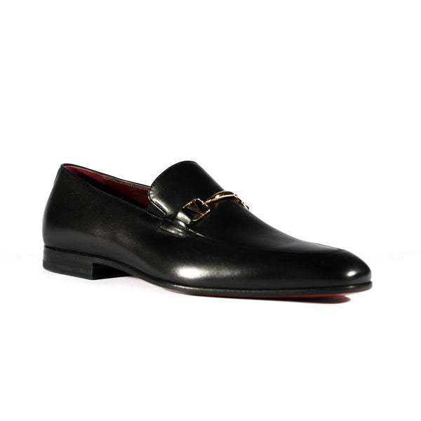 Valentino 19722 Men's Shoes Black Calf-Skin Leather Horsebit Loafers (VAL1006)-AmbrogioShoes