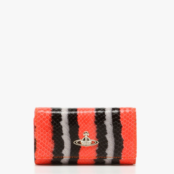 Vivienne Westwood Leather Striped Snakeskin Embossed Coral / White / Black Women's Key Wallet (VW102)-AmbrogioShoes