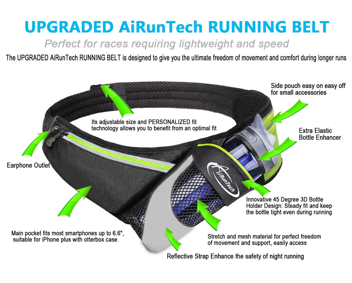 Black AiRunTech Upgraded No Bounce Hydration Belt Can be Cut to Size Design Strap for Any Hips for Men Women Running Belt with Water Bottle Holder with Large Pocket Fits Most Smartphones 