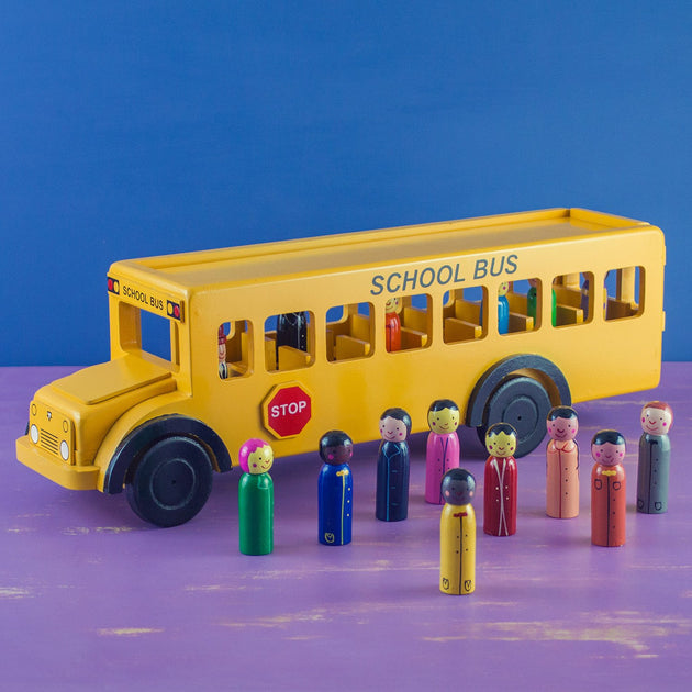 wooden toy bus with passengers