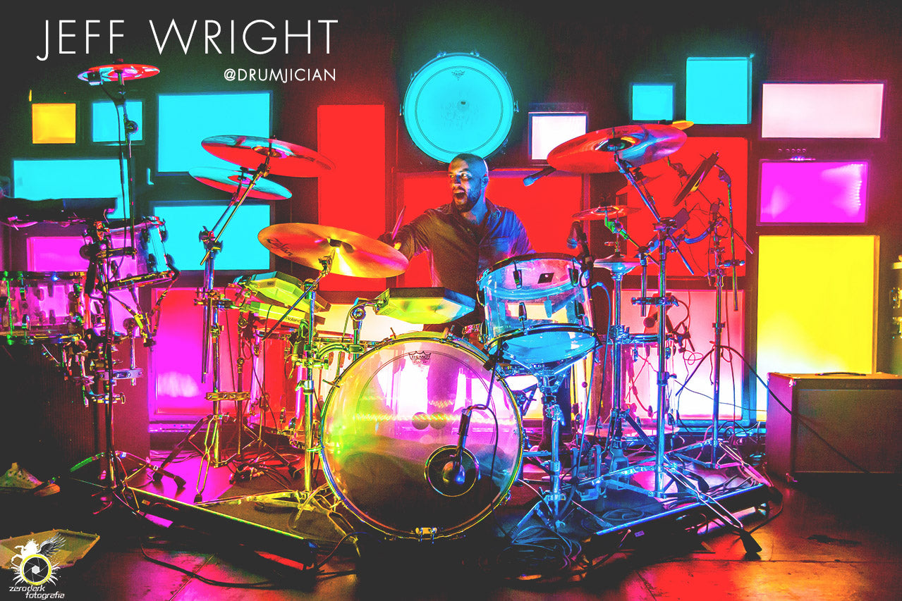 Drumset artist Jeff Wright wears Lot Riot apparel.