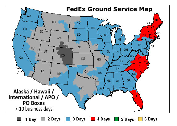 Typical number of days in transit. Actual service times may vary slightly. Service times based on shipping carrier's estimated days in transit.