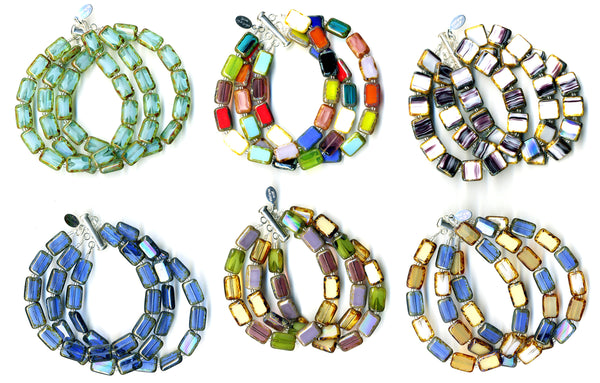 Stefanie Wolf Artisan Jewelry 3-Strand Glass Tile Bracelet Aqua Rainbow Blue Wampalyke, Three Strands