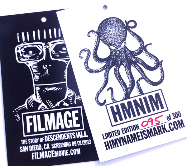 limited edition Descendents X HMNIM tee hang tags for Mark Hoppus' Hi My Name is Mark brand.