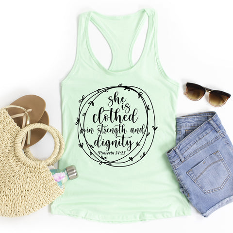 She is Clothed in Strength and Dignity Racerback Tank | Christian Tank | Wife Shirt | Proverbs 31:25 Tank, Mother's Gift