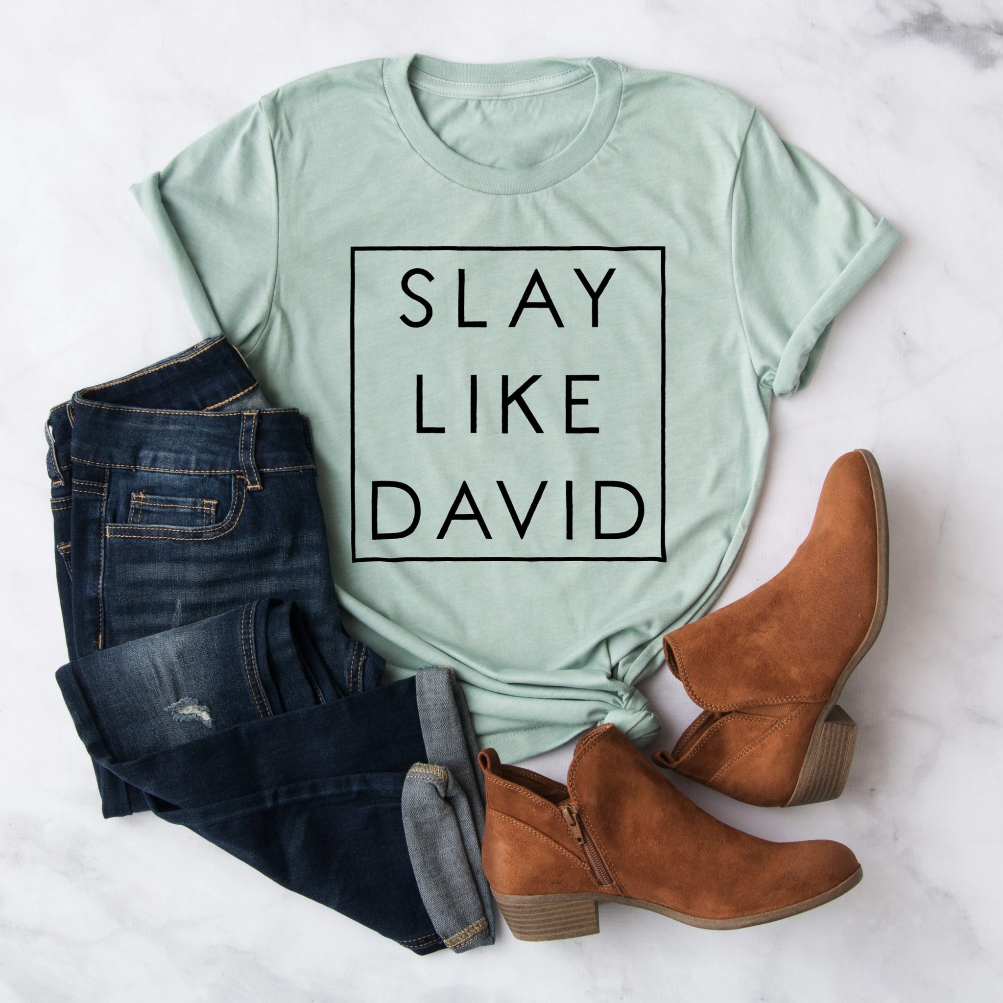 Slay Like David Women's Christian Graphic Tee T shirt | Bible Verse Shirts | Faith David & Goliath Shirt