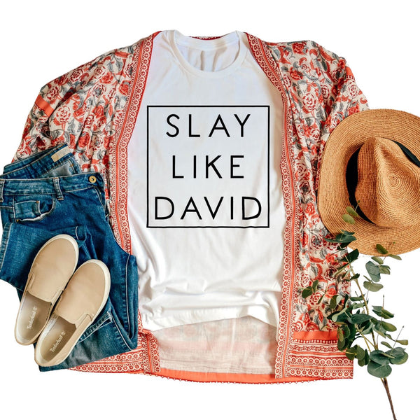 Slay Like David Women's Christian Graphic Tee T shirt | Bible Verse Shirts | Faith David & Goliath Shirt