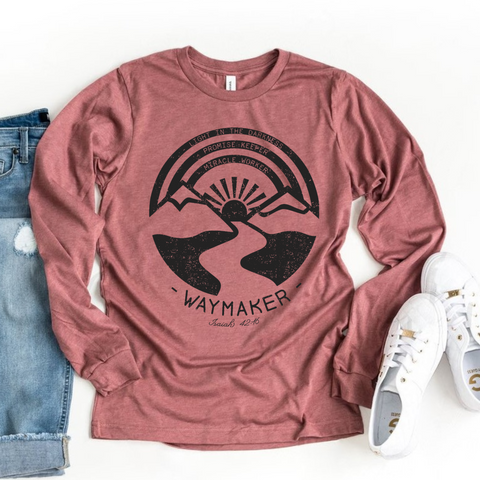 Waymaker Miracle Worker Promise Keeper Christian Graphic Long Sleeve Tee | Faith T-shirt | Way Maker Shirt