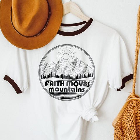 Faith Moves Mountains | Faith Can Move Mountains | Women's Christian Graphic Ringer Tee Top Shirt | Gift