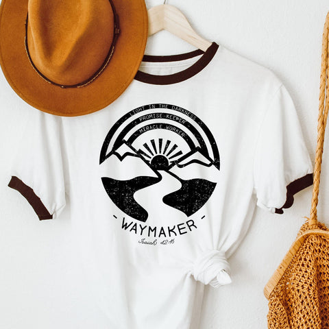Waymaker Miracle Worker Promise Keeper | Women's Christian Graphic Ringer Tee | Faith T-shirt | Way Maker Shirt