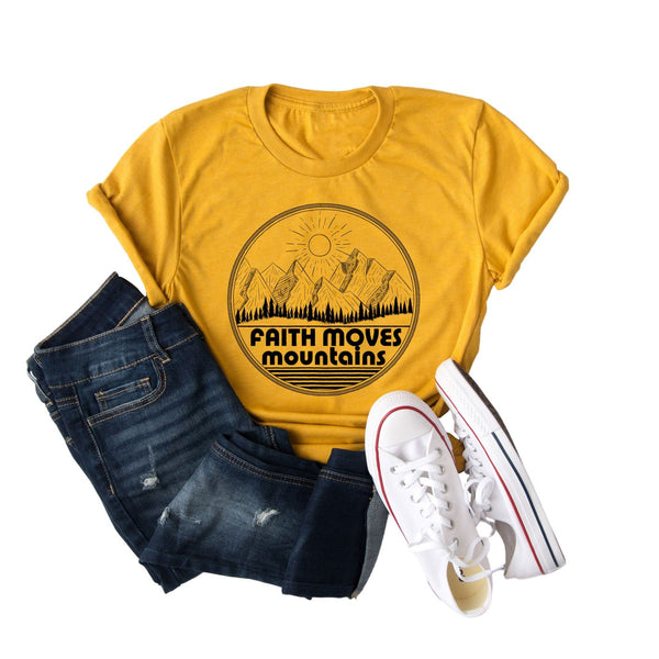 Faith Moves Mountains | Faith Can Move Mountains | Women's Christian Graphic Tee Top Shirt | Gift