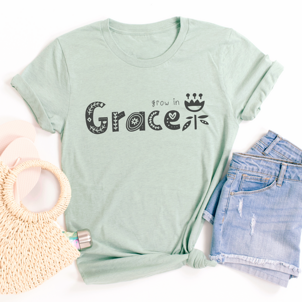 Grow in Grace Flower Women's Christian Graphic Tee Top Shirt