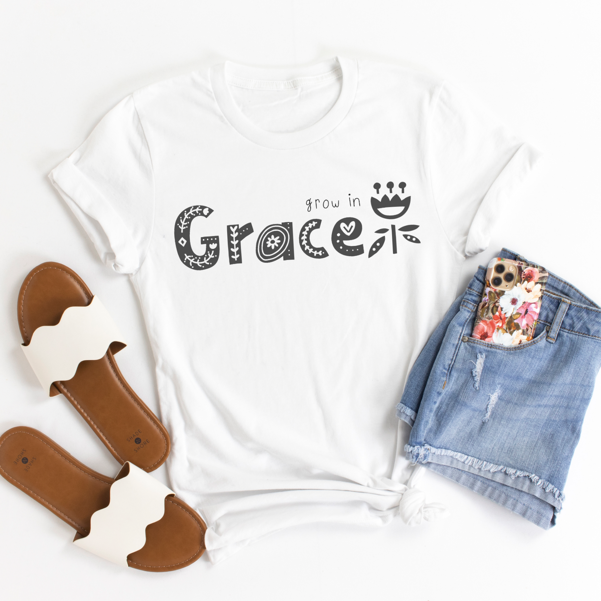 Grow in Grace Flower Women's Christian Graphic Tee Top Shirt
