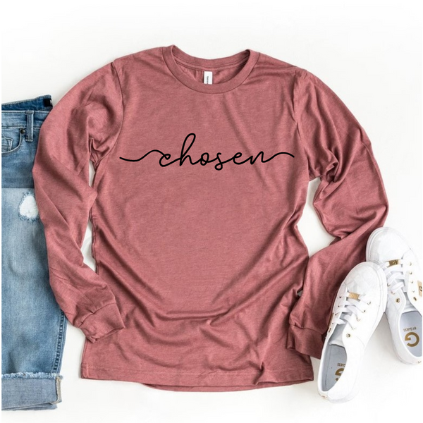 Chosen Women's Christian Graphic Long Sleeve Tee Top Shirt | Faith Shirt