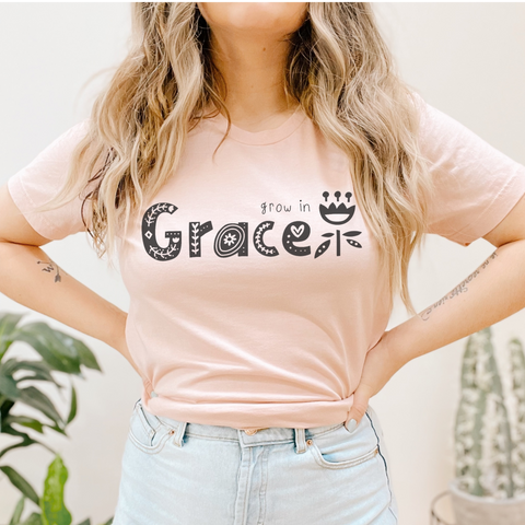 Grow in Grace Flower Women's Christian Graphic Tee Top Shirt