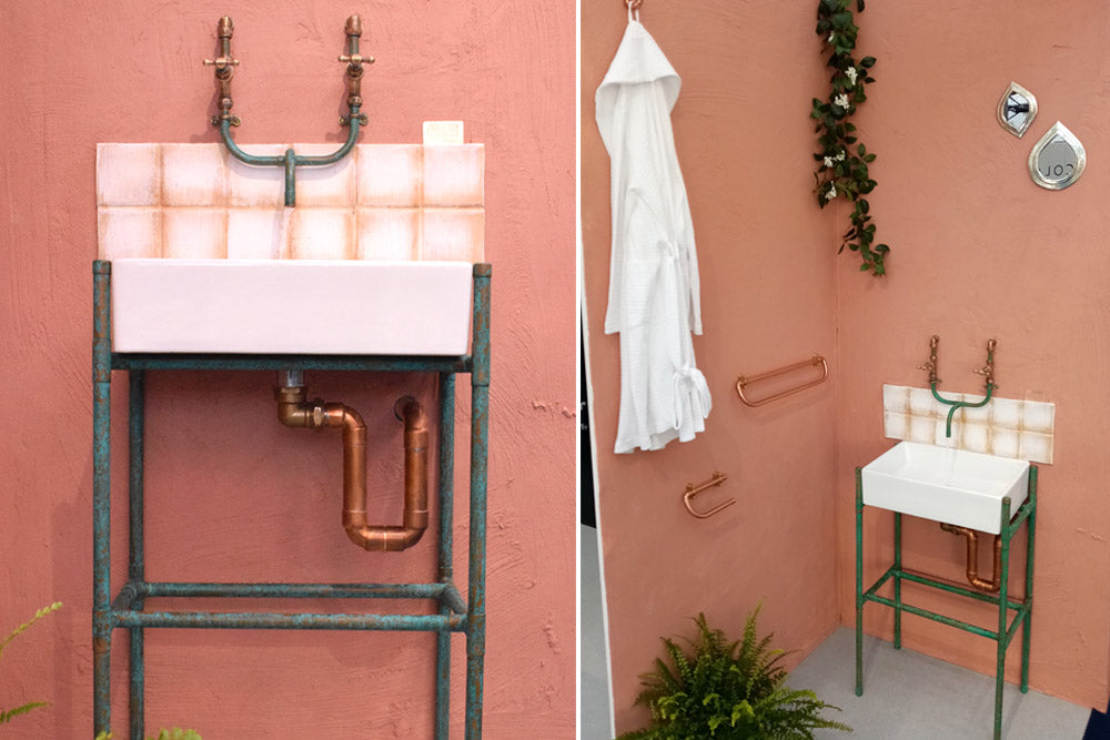 morrocan theme bathroom copper terracotta spa with a verdigris basin unit