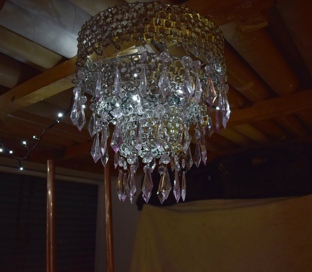 Hand-made chandelier crafted from beer tops