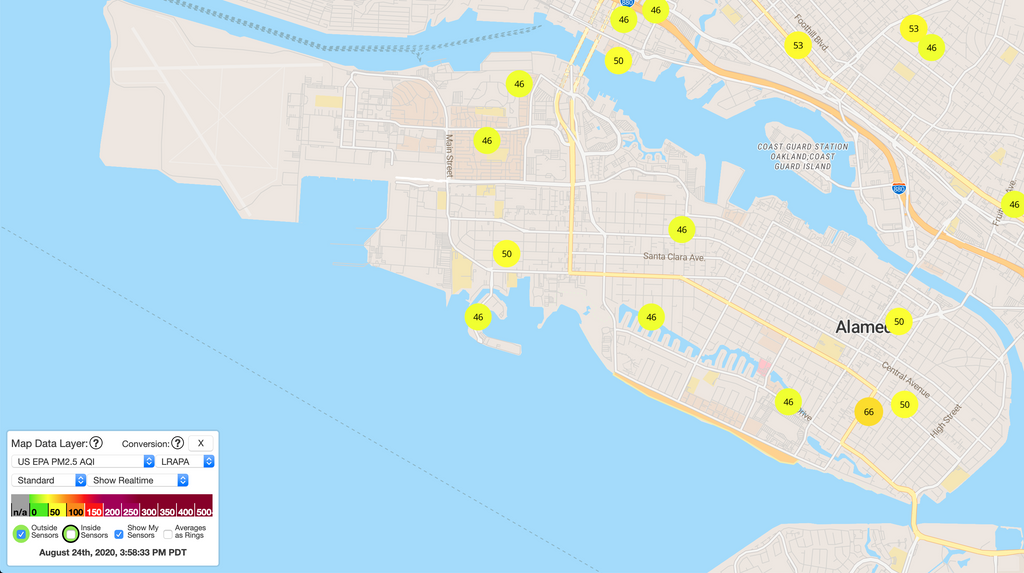 Purple Air Alameda Map AQI with LRAPA conversion