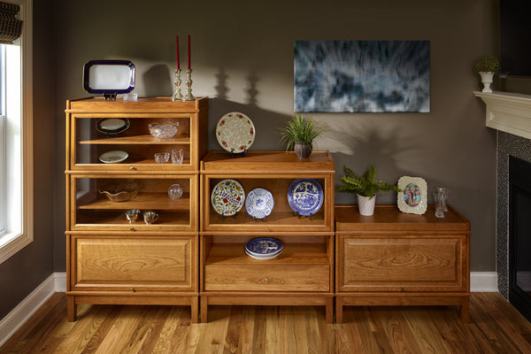 The Hale Barrister Bookcase collection can be configured for use in the dining room.