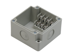 Front View of 4 Position Ivory ABS Terminal Enclosure Junction Box with molded knockouts.