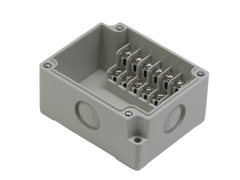 Front View of 6 Position Ivory ABS Terminal Enclosure Junction Box with molded knockouts.