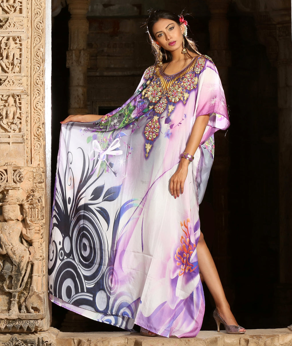 Sparkle like a Star drape Tropical Flora Printed Silk Kaftan blended ascetic colors - Silk kaftan