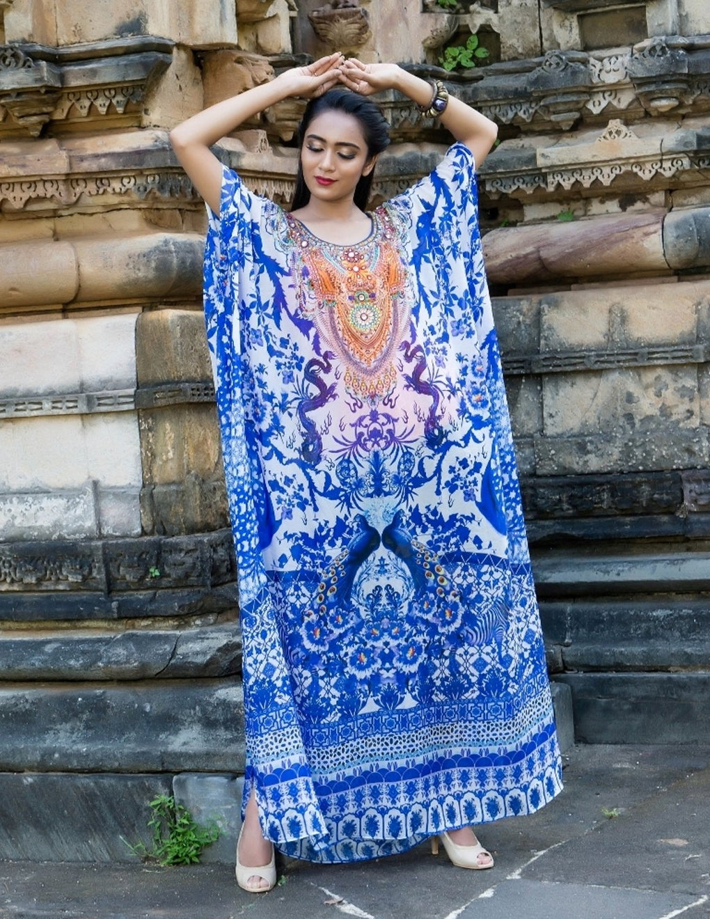 Porcelain Print Plus size resort wear silk caftan tunic silk kaftan tops caftan silk beach wear dress jewelled kaftan - Silk kaftan