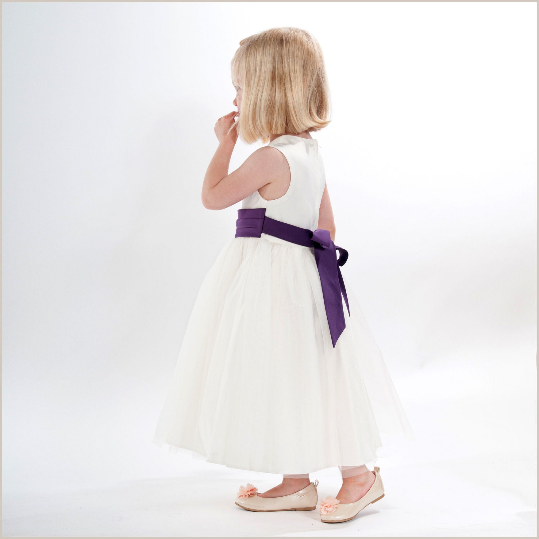 Ivory Flower Girl Dress with Purple Sash by Demigella