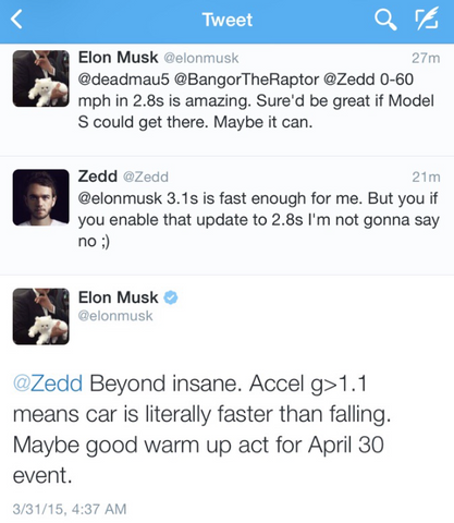 Elon Musk tweeting with EDM dj zedd about tesla model s P85D 0-60