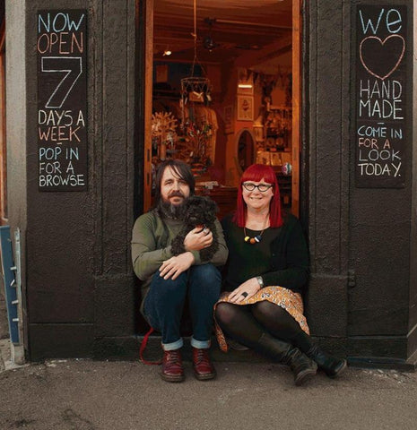 Nici and Sean outside their gorgeous indie art and design shop in Newcastle