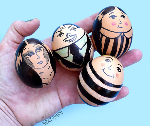 Morticia, Gomez, Wednesday and Pugsley - DIY Addams Family Easter Eggs by Jubly-Umph
