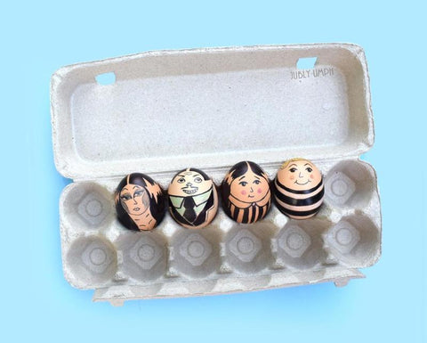 Addams Family Easter Eggs- Made using free range eggs, markers, and pencils. On the Jubly-Umph blog