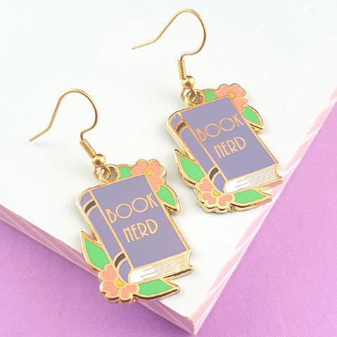 book nerd enamel earrings