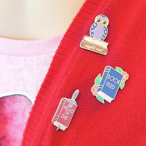 book lover, reading addict and night owl enamel lapel pins