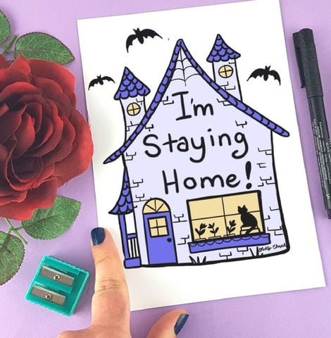 Im staying home haunted house illustration